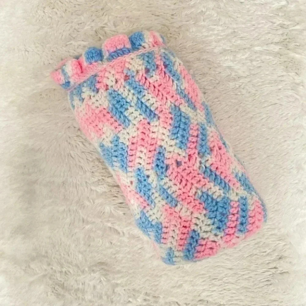 Vintage - Handmade Knit Pastel Pink Blue White Crochet Baby Blanket